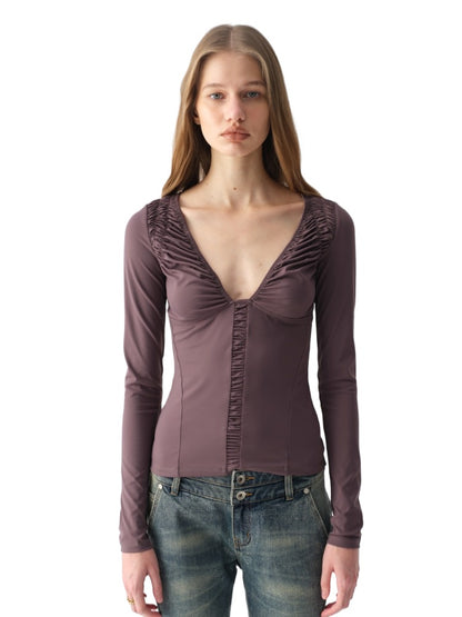 Ruched Low-Neck Knit Top