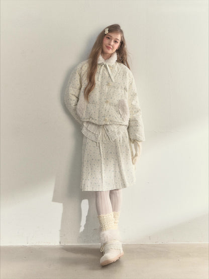 Floral Corduroy Down Jacket &amp; Pleated Skirt