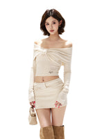 Apricot Twist Off-Shoulder Blouse & Skirt Set