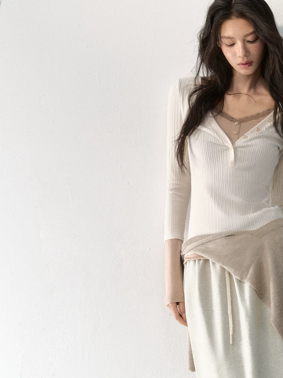 Layered V-Neck Ribbed Knit Top