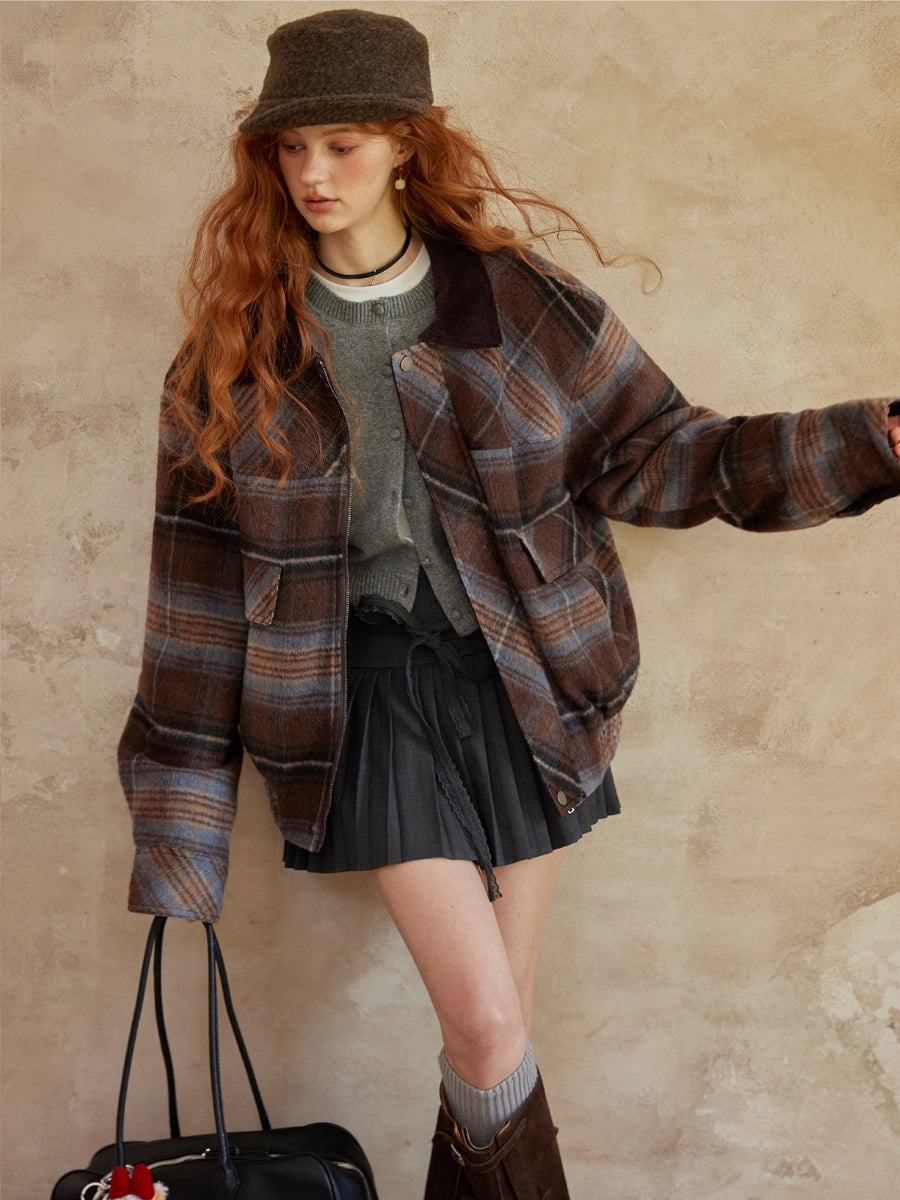 Plaid Wool-Blend Lapel Jacket