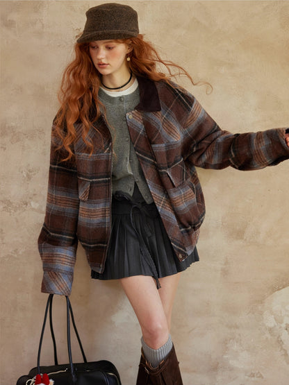 Plaid Wool-Blend Lapel Jacket