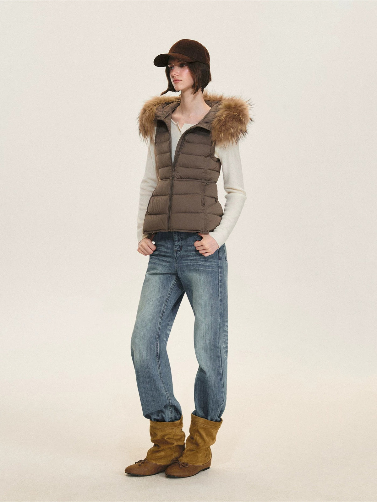 Detachable Fur Collar Waist-Fitted Down Vest