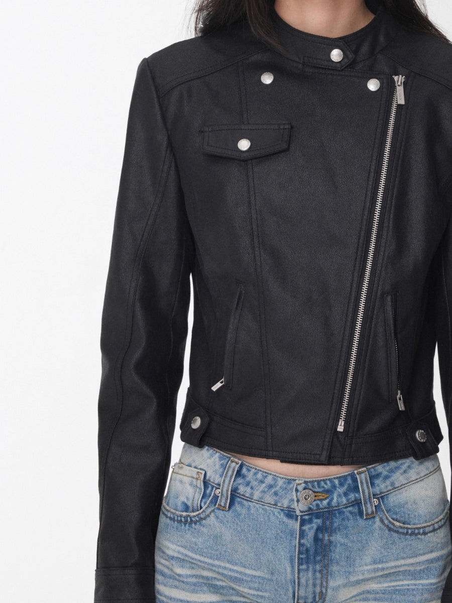 Vintage Washed Cracked Leather Fitted Moto Jacket