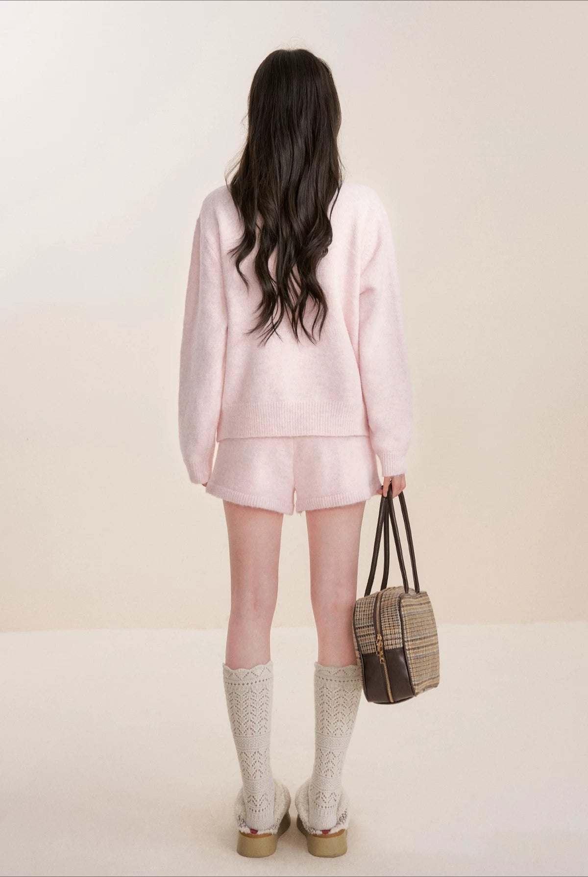 Pink Knit Turn-Down Collar Cardigan Set