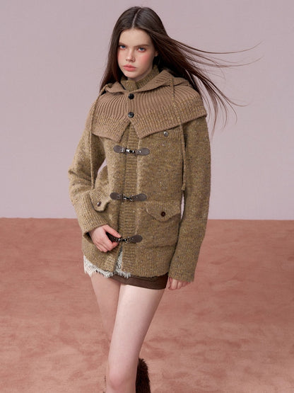 Brown Leather Buckle Cardigan &amp; Hooded Cape Set