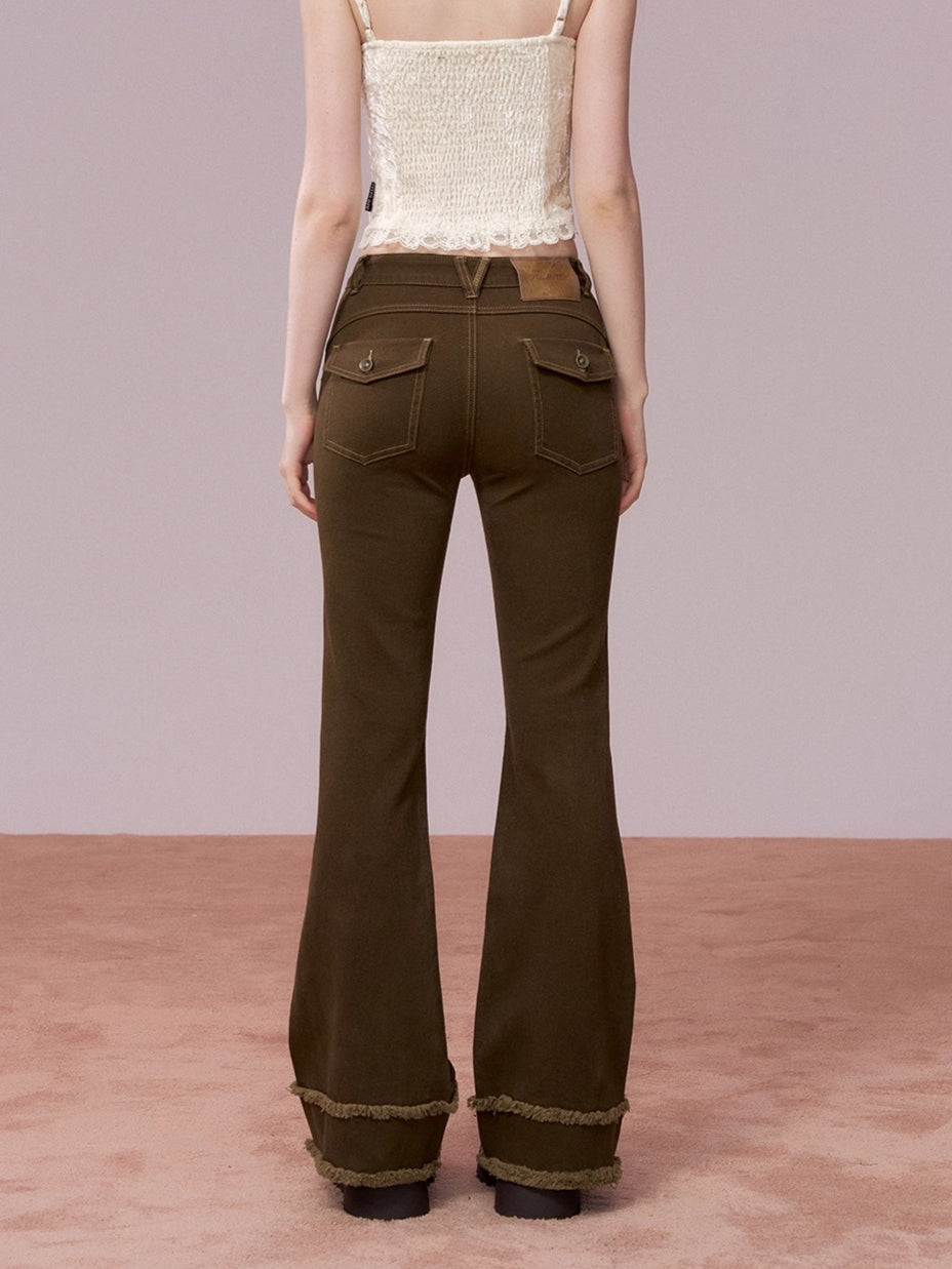 Ripped Hem Fitted Flared Denim Jeans