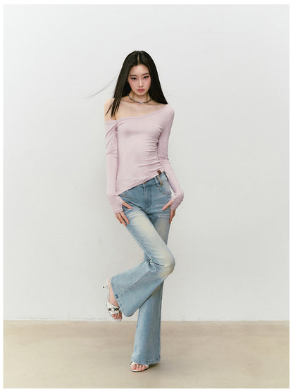 Color-Block Washed Flared Jeans