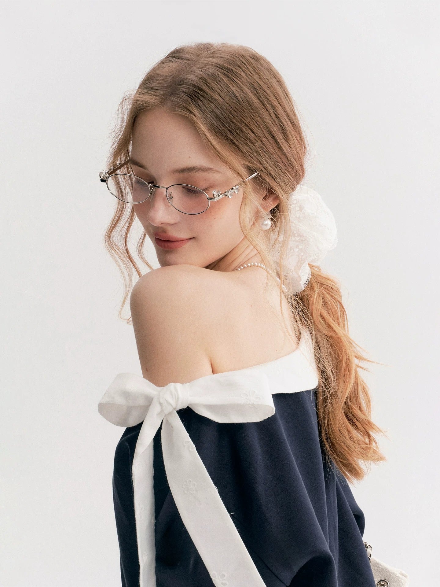 Navy &amp; Pink Bow Off-Shoulder Sweatshirt