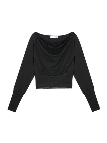 Draped Neck Cinched Waist Lace Patchwork Top