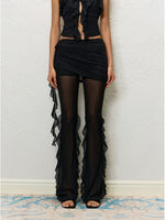 Black & White Ruffle V-Neck Tank & Sheer Pants Set