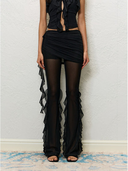 Black &amp; White Ruffle V-Neck Tank &amp; Sheer Pants Set