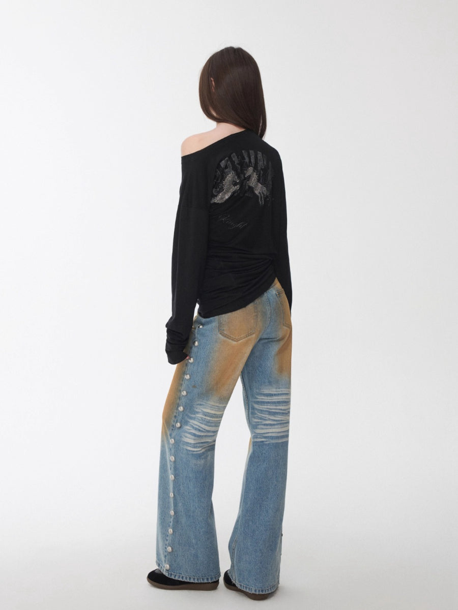 Rhinestone Embellished Asymmetric Drape T-shirt