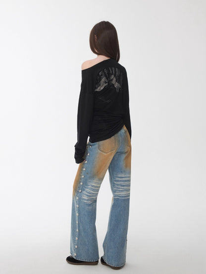 Rhinestone Embellished Asymmetric Drape T-shirt