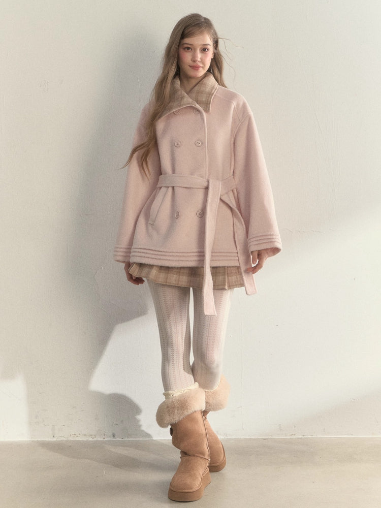 Plaid-Collar Double-Breasted Wool Coat