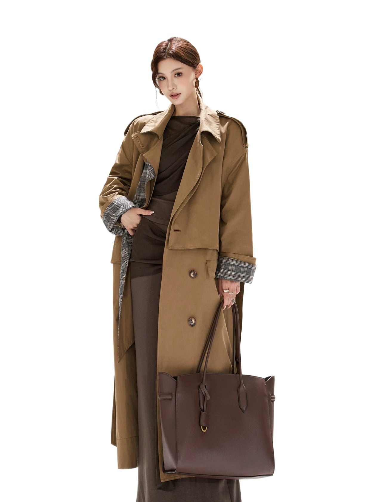 Khaki Plaid Belted Trench Coat