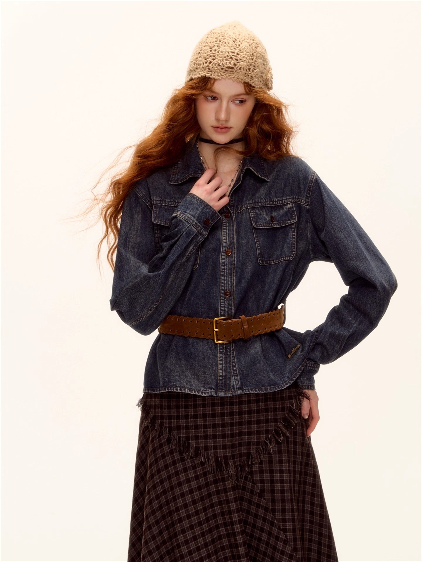 Washed Denim Belted Polo Shirt