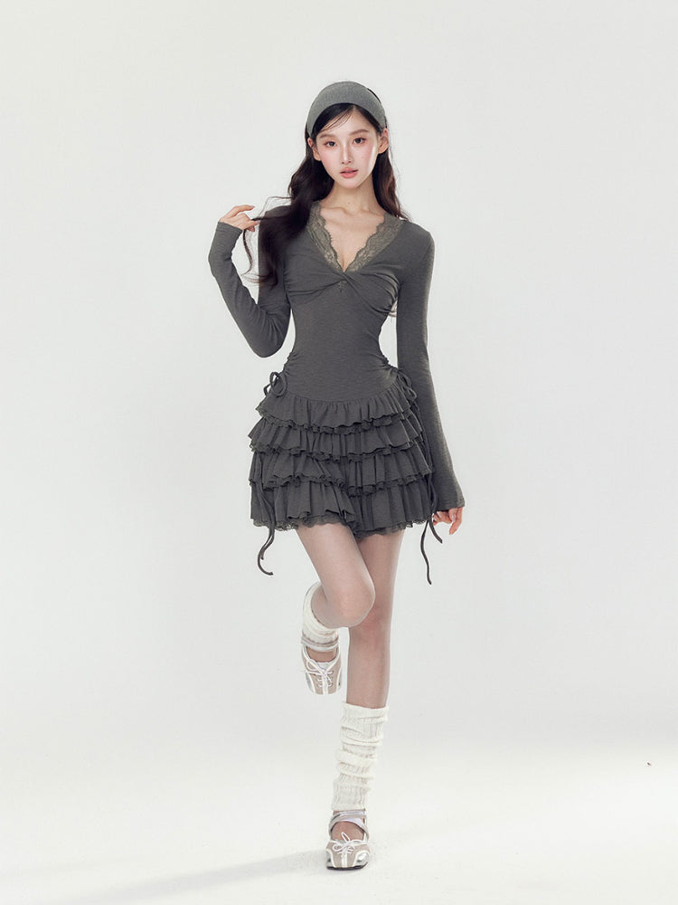 V-neck Long Sleeve Cake Dress