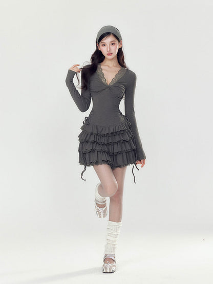 V-neck Long Sleeve Cake Dress