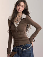 Contrast Collar Lace-Trim Long Sleeve T-shirt