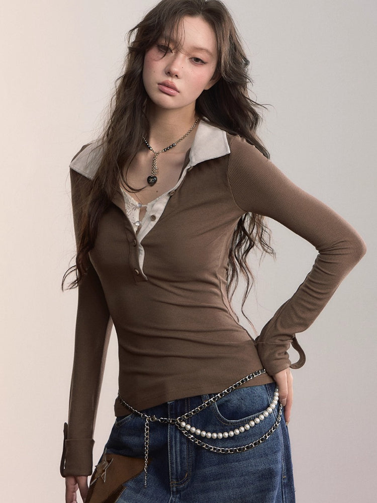 Contrast Collar Lace-Trim Long Sleeve T-shirt