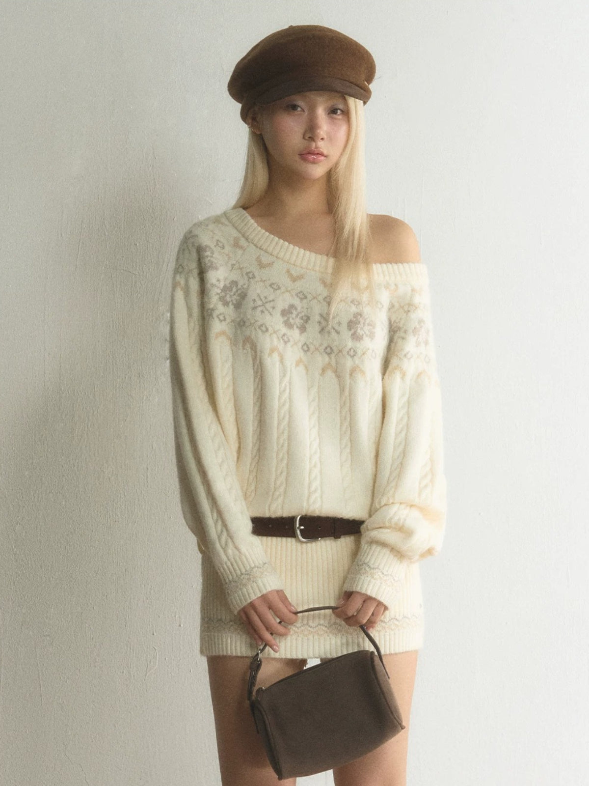 Fair Isle Asymmetric Knit Mini Dress