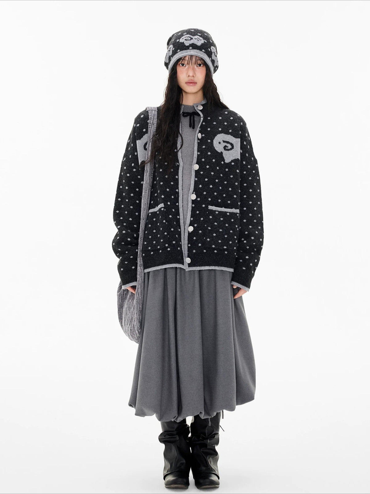 Contrast Sheep Jacquard Knit Cardigan