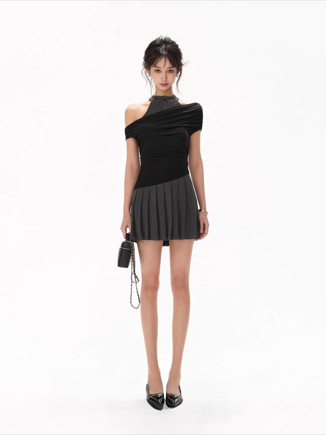 Black Halter Pleated Dress