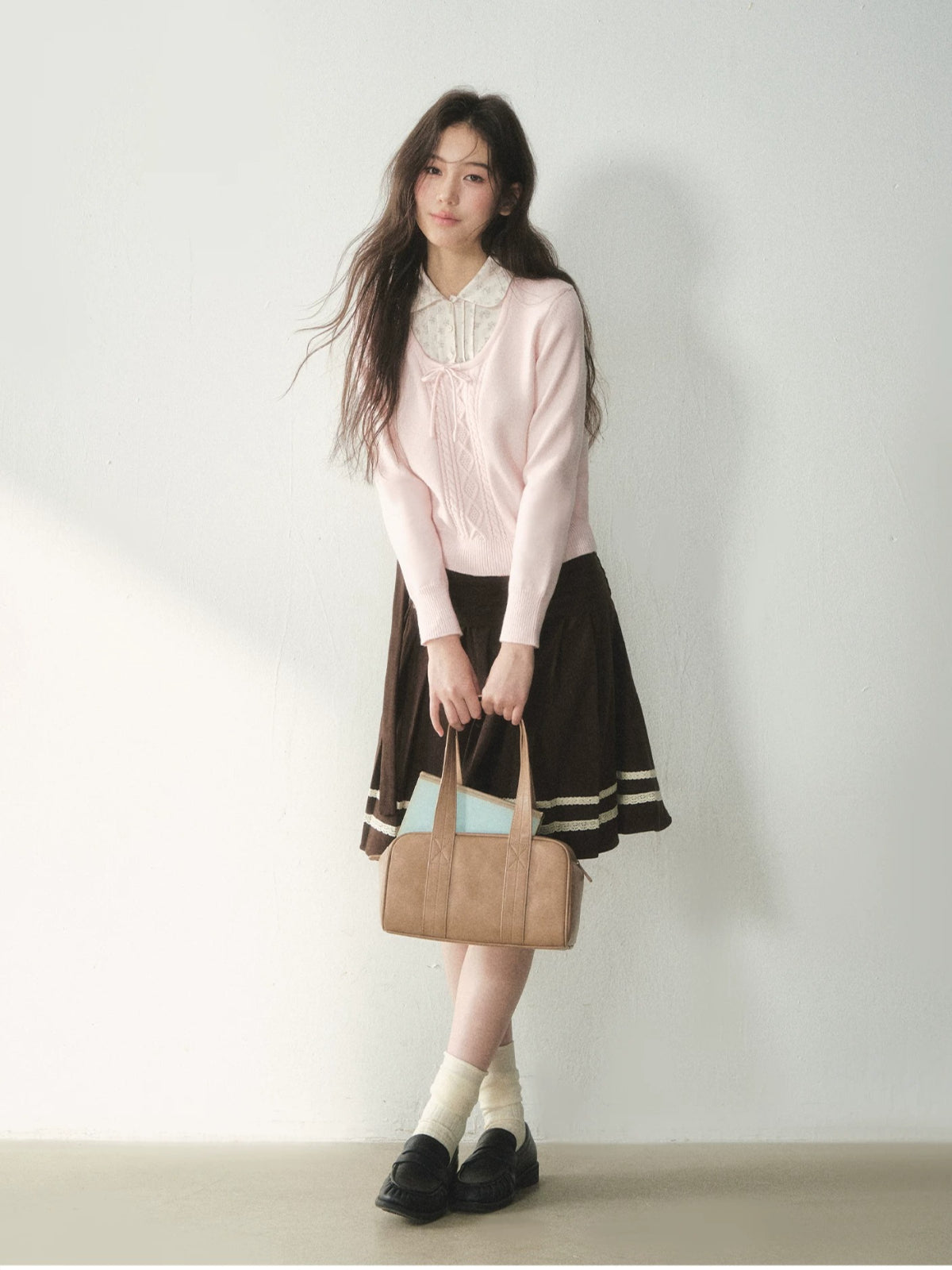 Floral Collar Bow Cable Knit Sweater