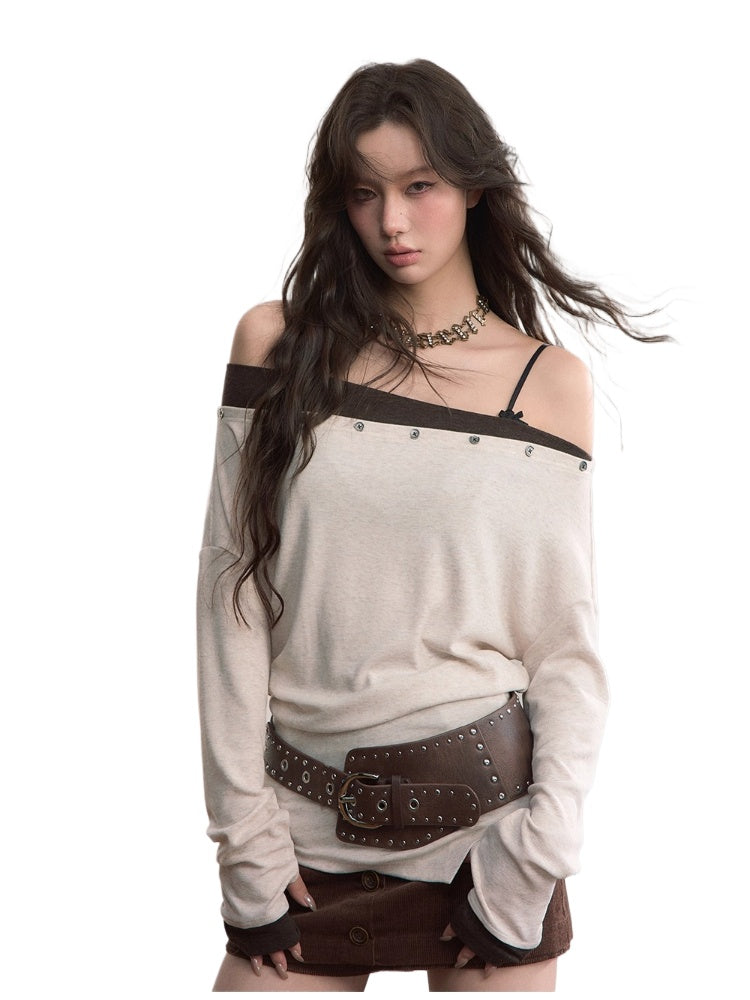 Contrast Off-Shoulder Irregular Knit Top
