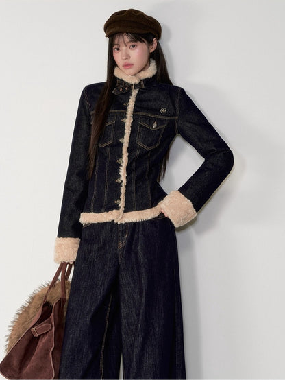 Denim Panel Fur-Trim Down Jacket