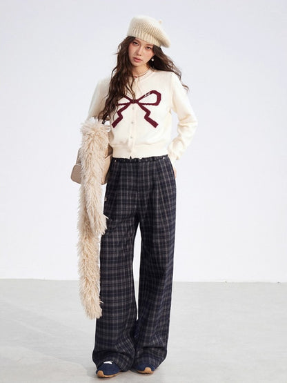 Gray Fleece Checkered Wide-Leg Pants