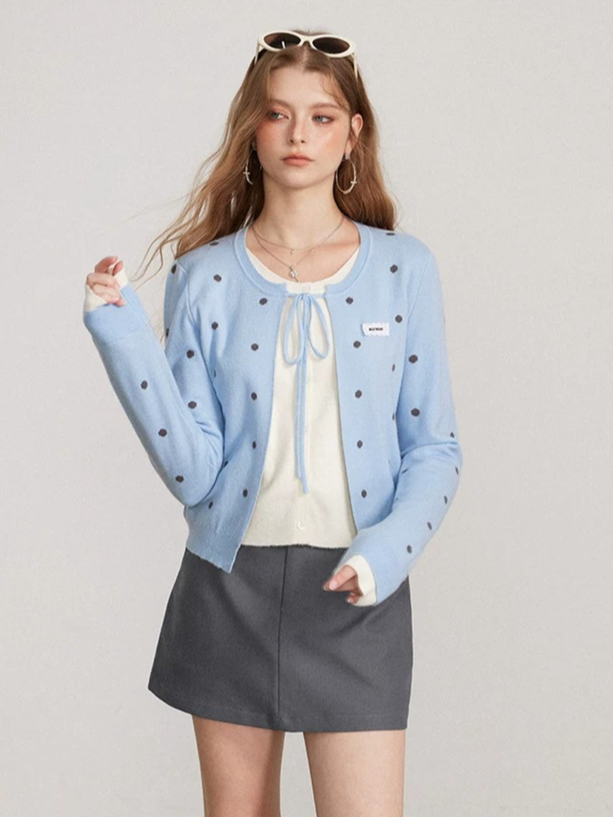 Polka Dot Layered Bow Knit Sweater