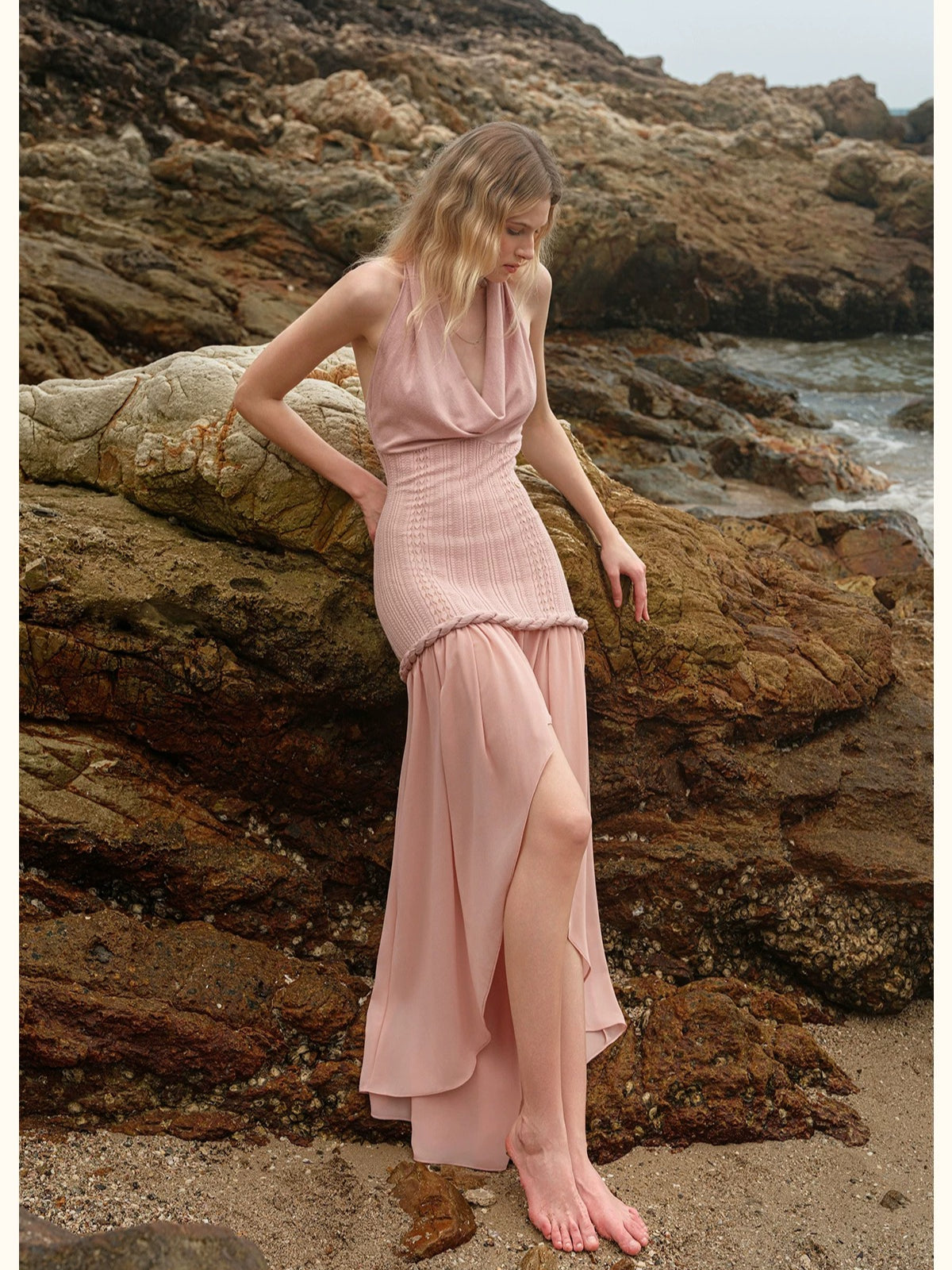 Halter Knit Chiffon Layered Dress