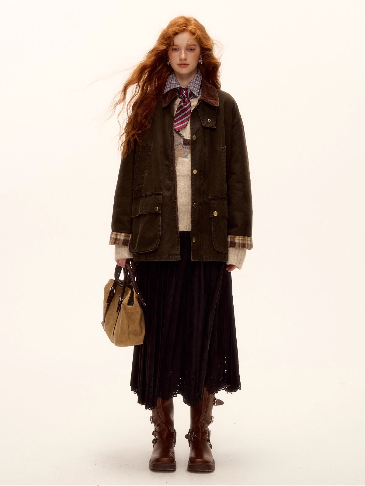 Eyelet Hem Suede Long Skirt