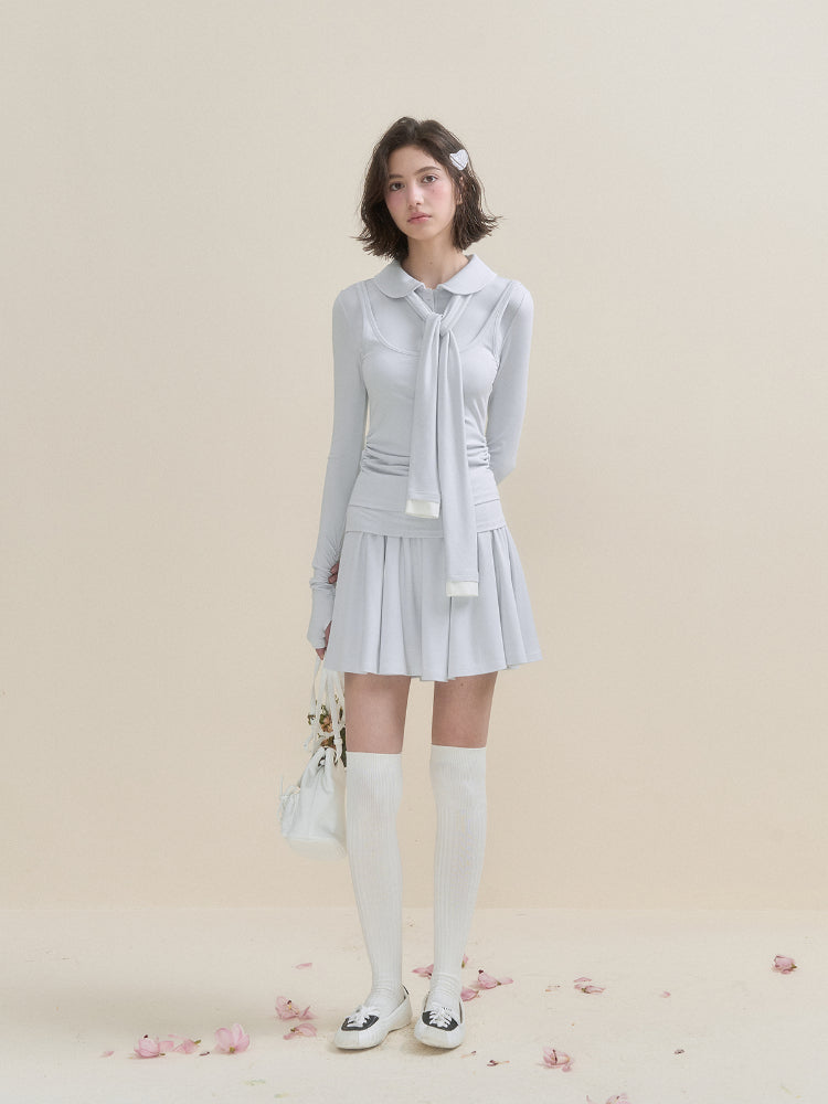 White & Blue Collared Knit Top & Skirt Set