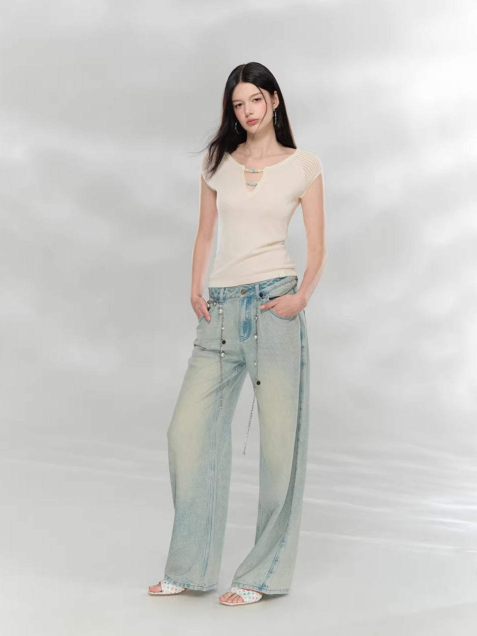 Beaded V-Neck Knit Top