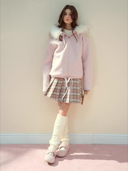 Pink Plaid 60% Wool Pleated Skirt