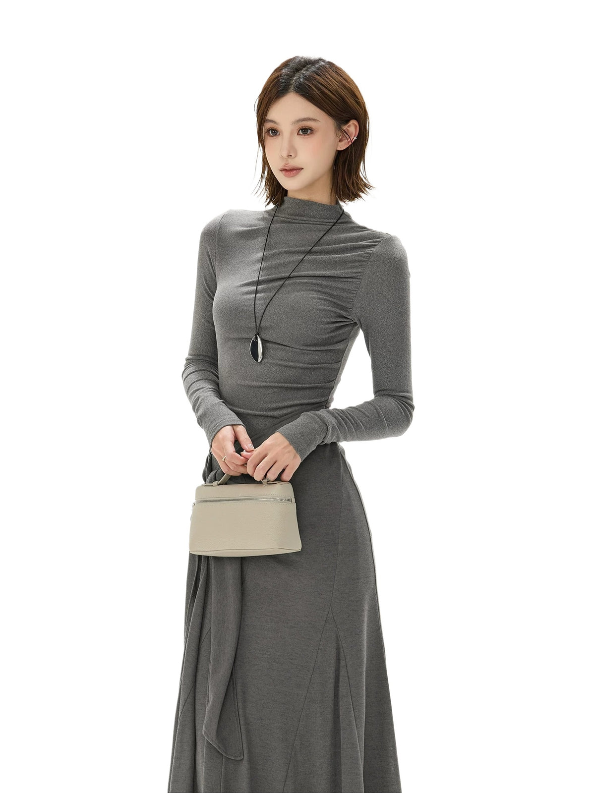 Gray Tie Detail High Neck Knit Dress