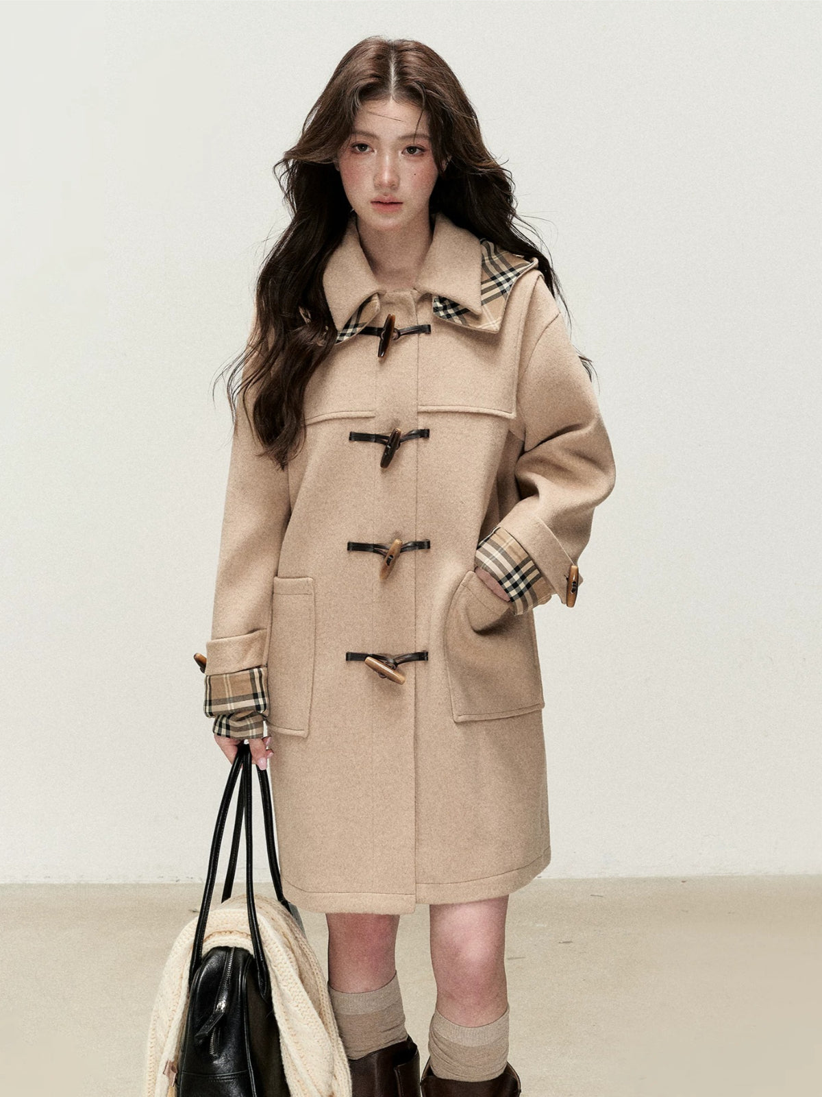 Plaid Hooded Wool Duffle Coat