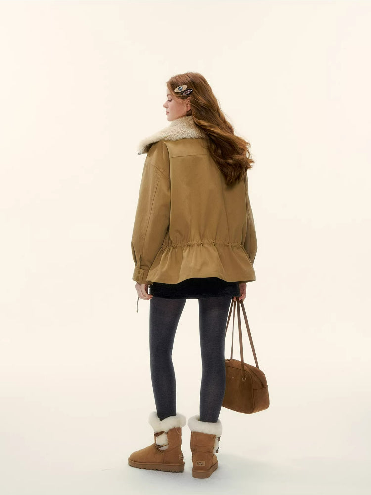 Faux Fur Collar Drawstring Loose Down Parka