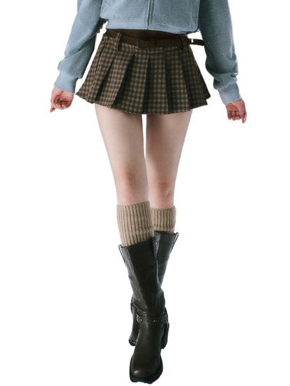 Dark Brown Retro Plaid Pleated Skirt