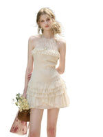 Light White Lace Halter Neck Slip Short Dress