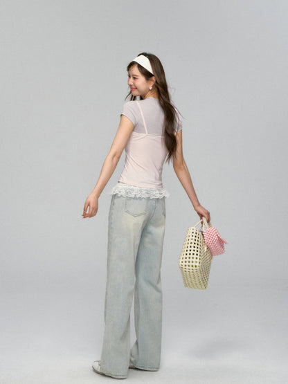 Lace-Trimmed Washed Straight-Leg Jeans Set