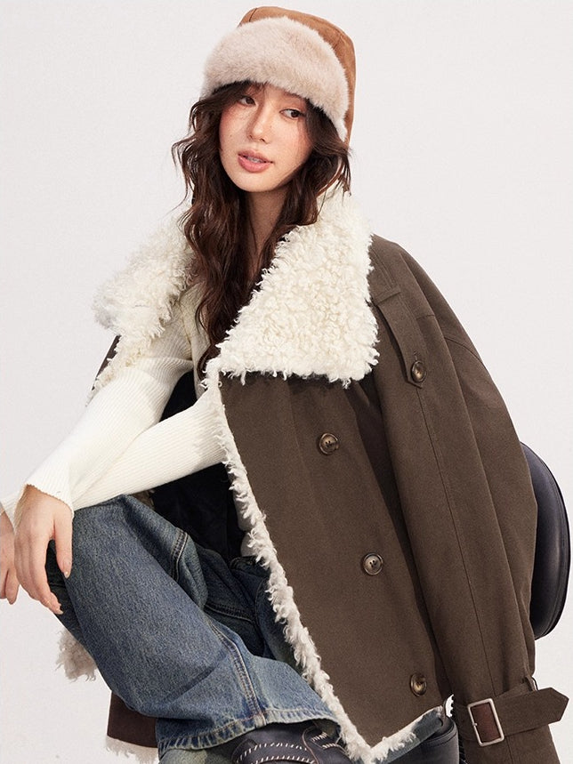 Sheepskin Splicing Quilted Boxy Short Jacket