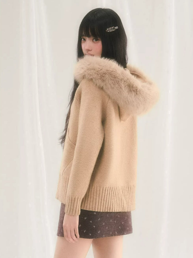 Detachable Fur Collar Knit Cardigan