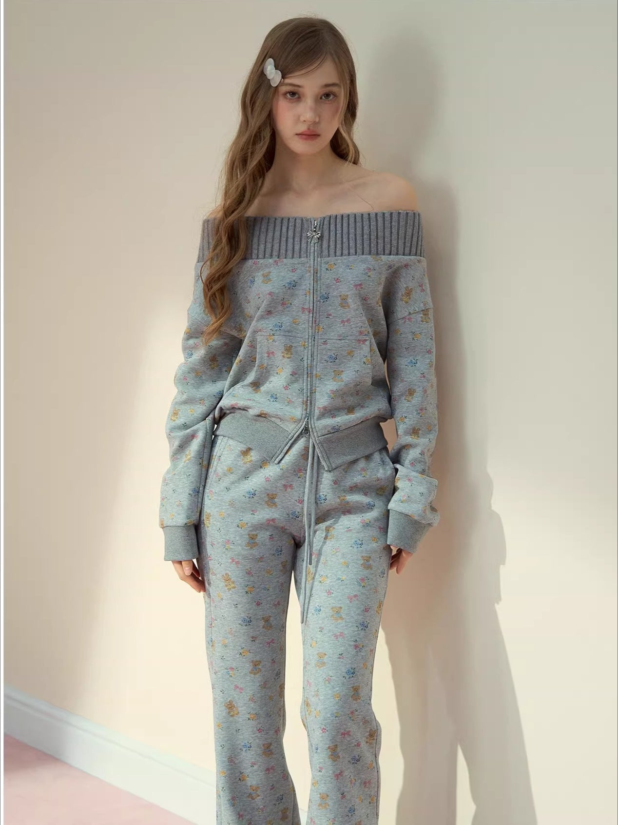 Floral Bear Bunny Off-Shoulder Sweatshirt &amp; Pants Set