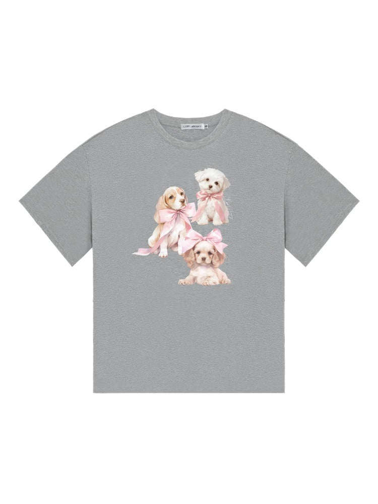 Bowknot Puppy Print Short-Sleeve T-Shirt