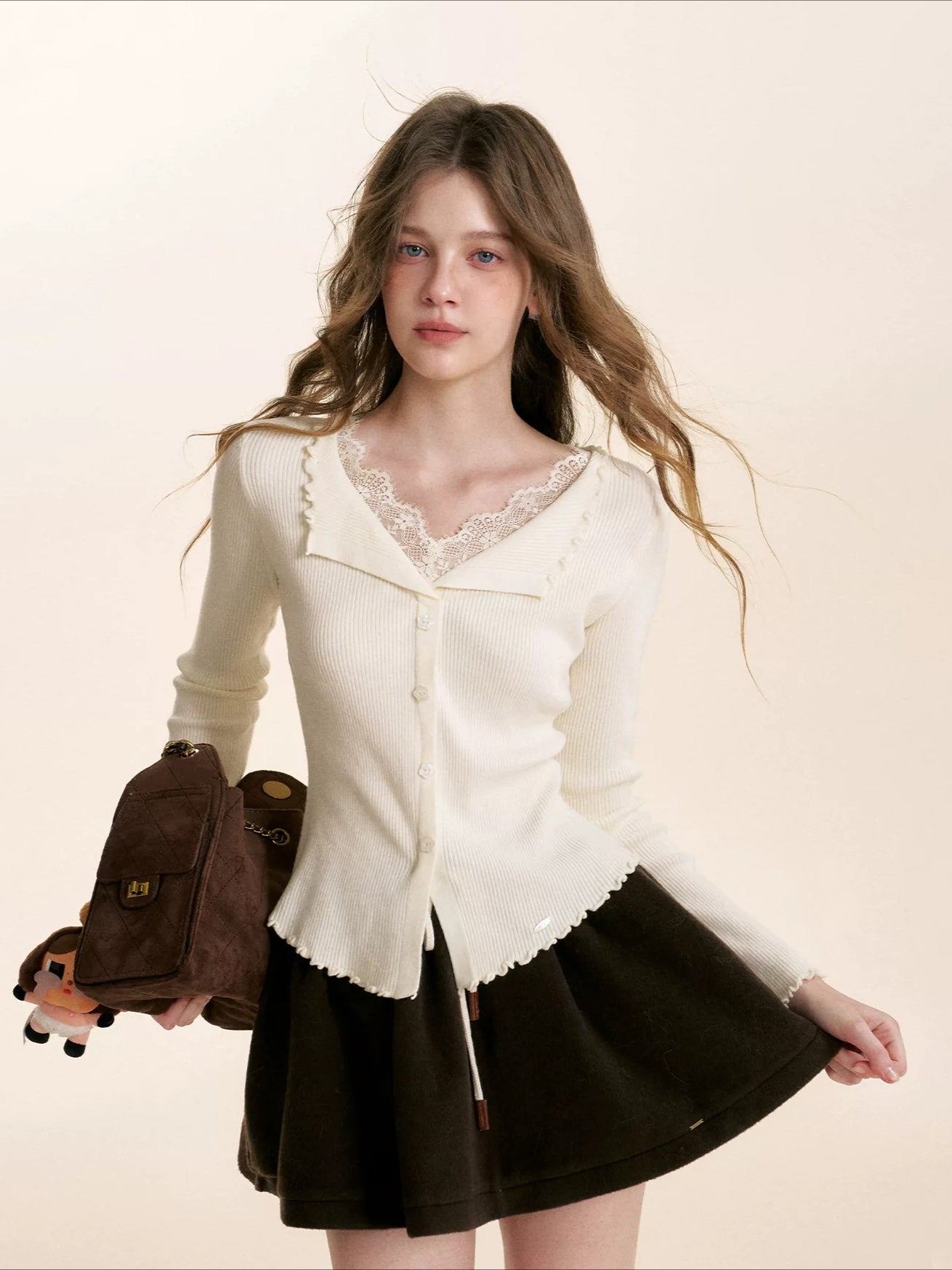 White Lace Trim Knit Cardigan