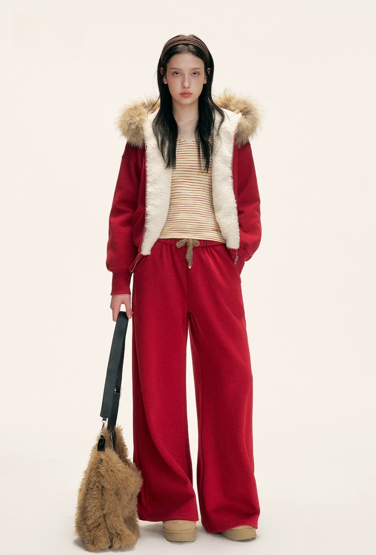 Red Fur-Trimmed Hoodie &amp; Pants Set